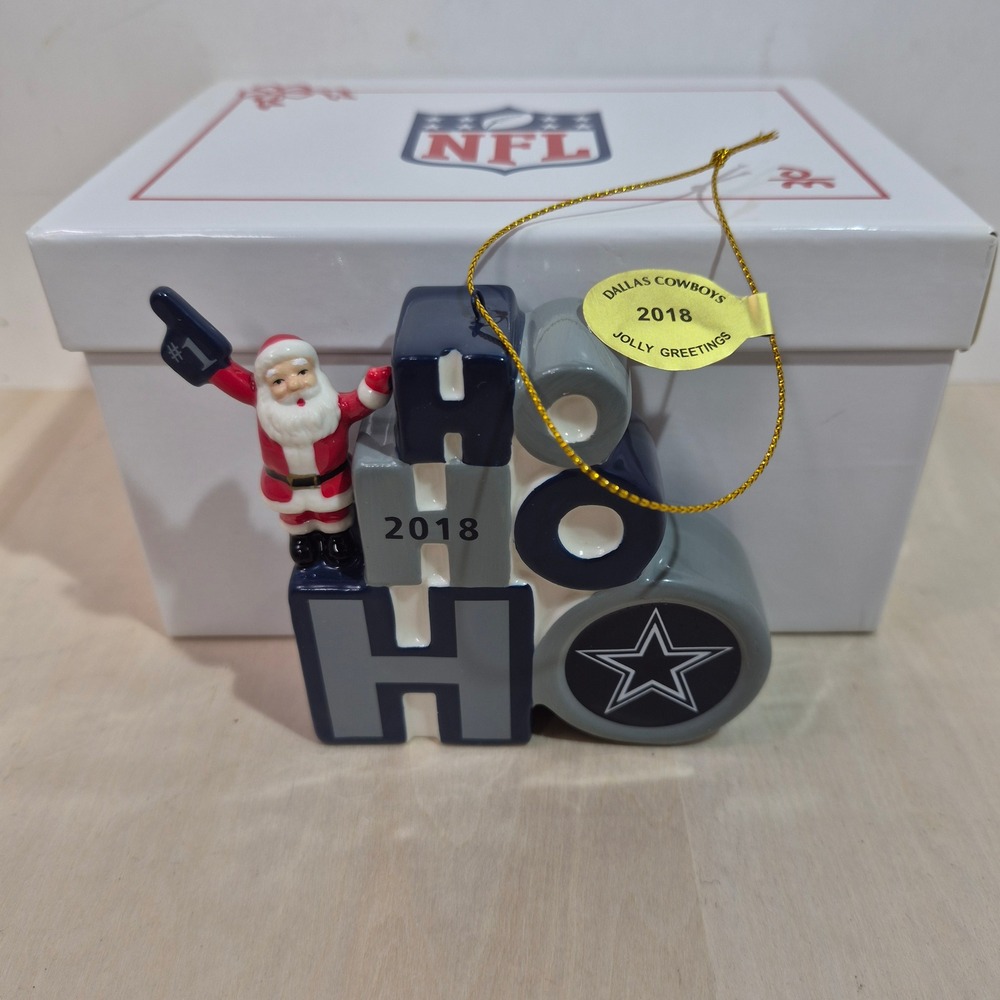 Dallas Cowboys 2018 Jolly Greetings NFL Santa Ho Ho Ho Christmas Ornament Boxed